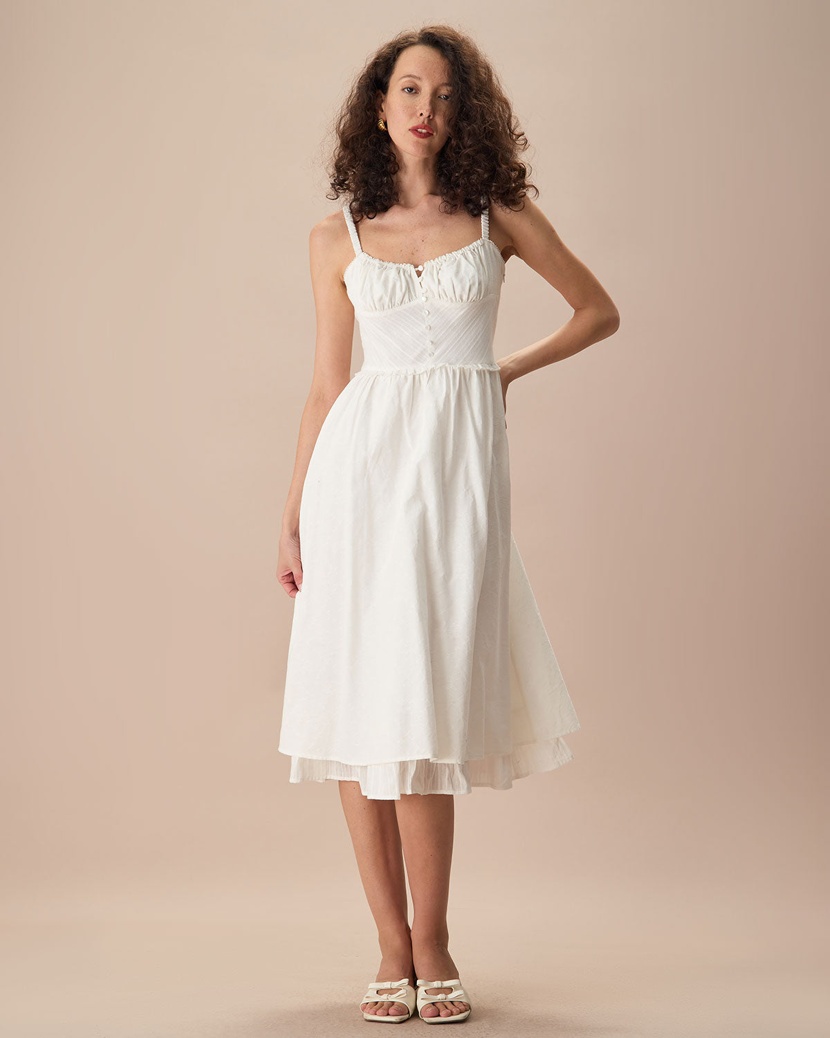 The White Ruched Slip Cotton Midi Dress - Threadford