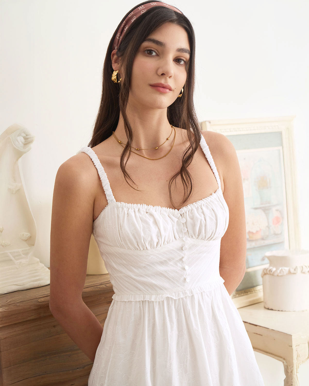 The White Ruched Slip Cotton Midi Dress - Threadford