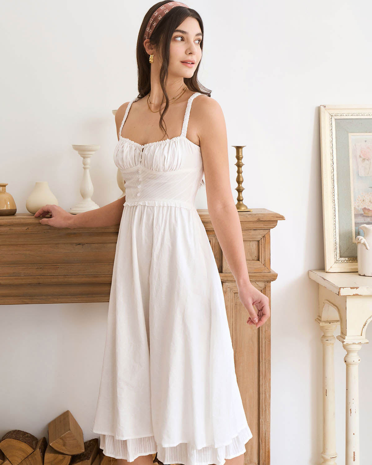 The White Ruched Slip Cotton Midi Dress - Threadford