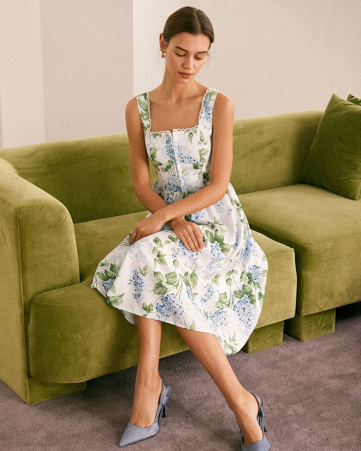The White Square Neck Floral A-Line Midi Dress - Threadford