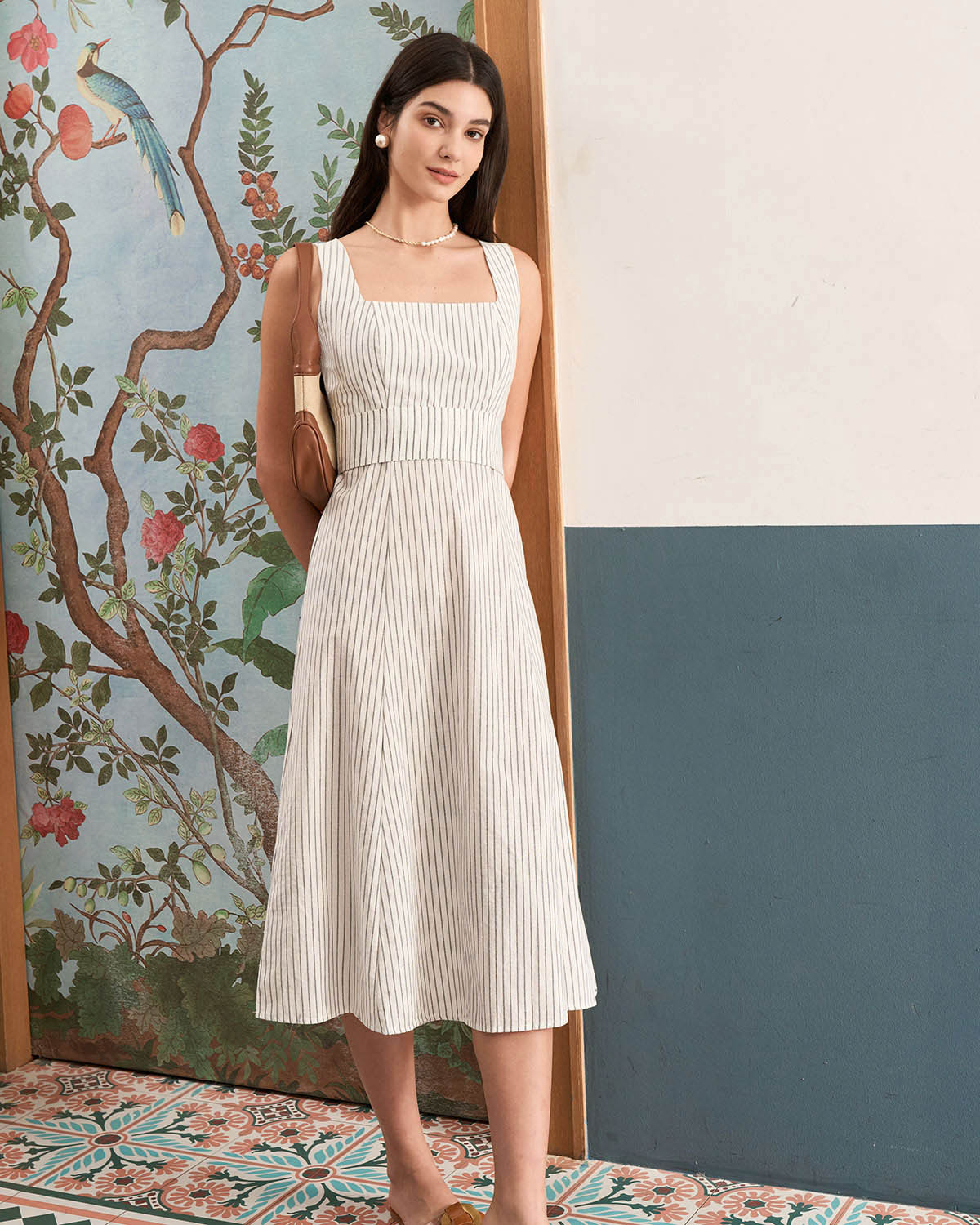 The White Square Neck Striped Midi Dress - Threadford