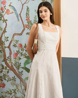The White Square Neck Striped Midi Dress - Threadford