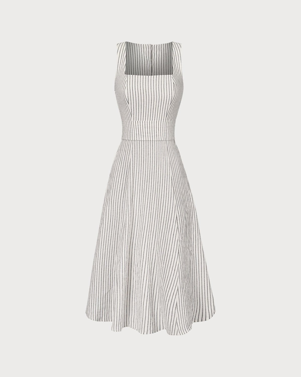 The White Square Neck Striped Midi Dress - Threadford