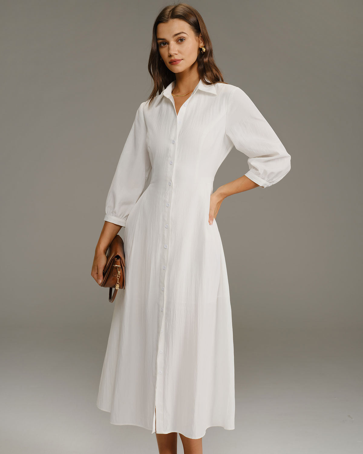 White A-Line Button Midi Dress - Threadford