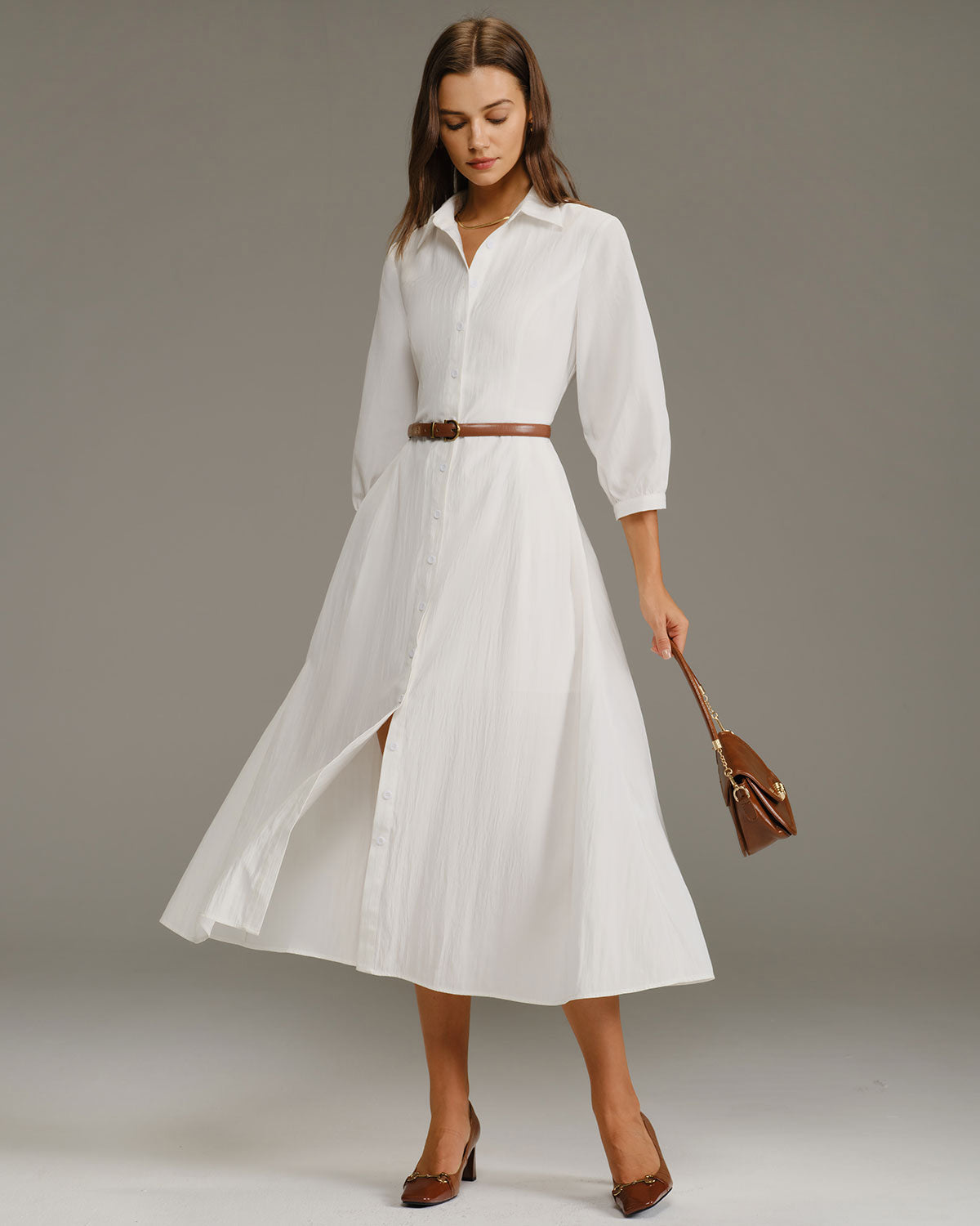 White A-Line Button Midi Dress - Threadford
