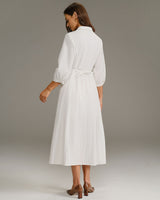 White A-Line Button Midi Dress - Threadford