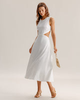 White Cutout Sleeveless Midi Dress - Threadford
