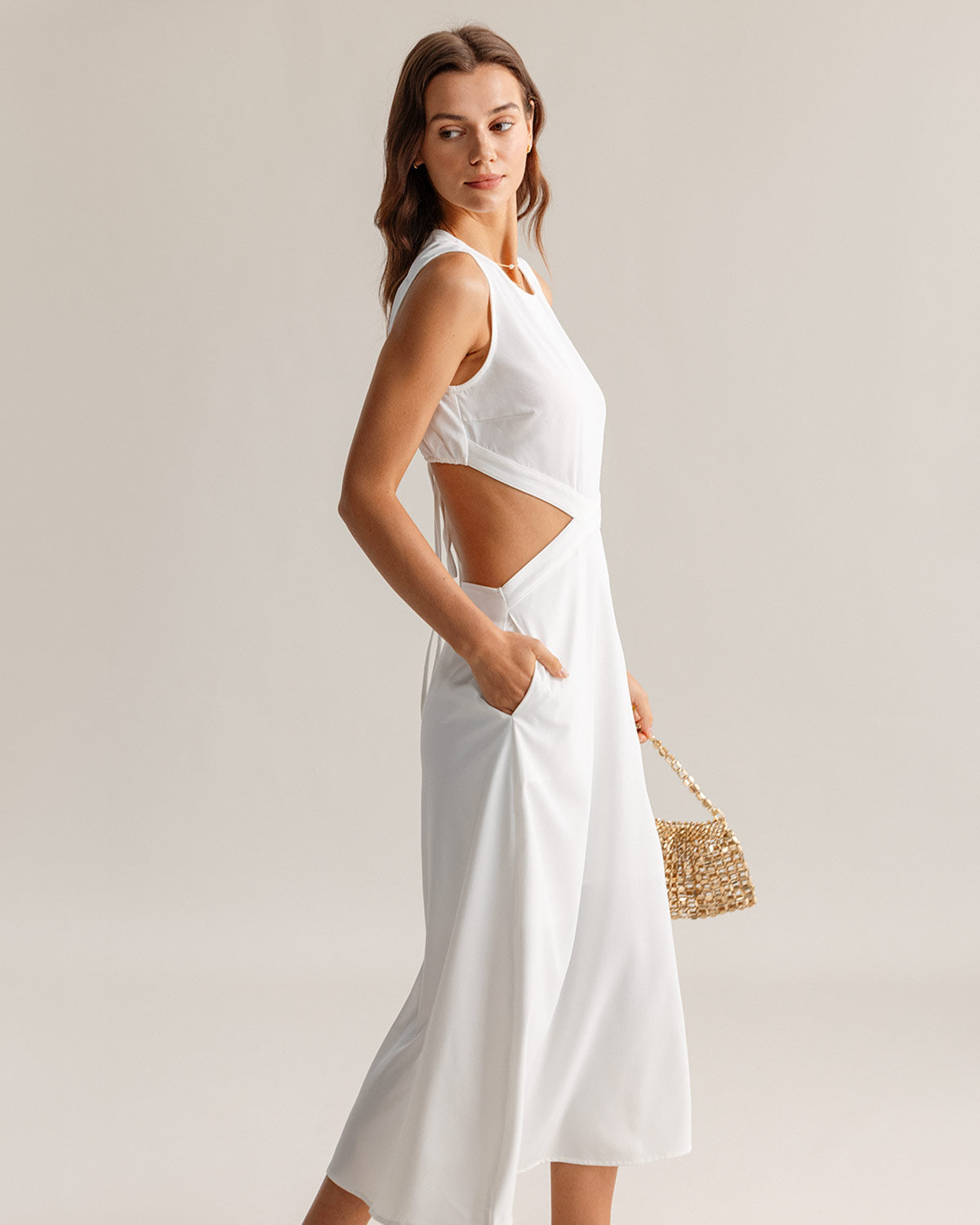 White Cutout Sleeveless Midi Dress - Threadford