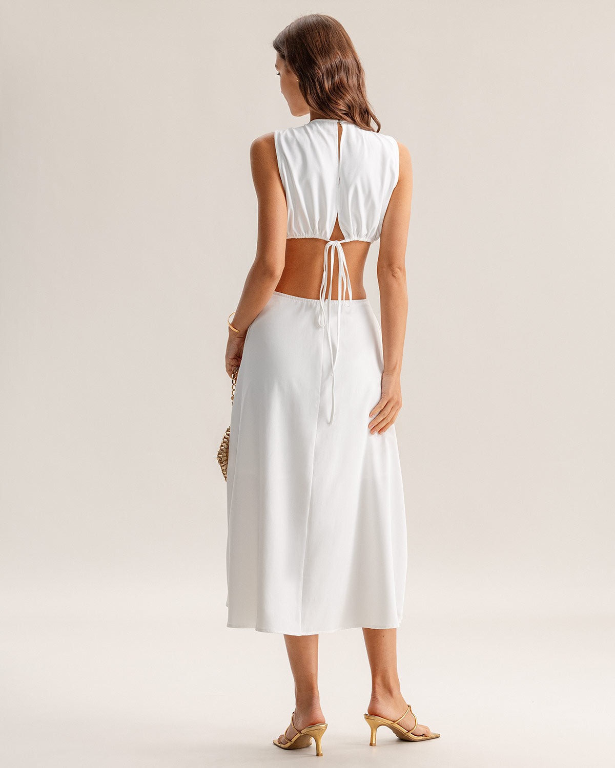 White Cutout Sleeveless Midi Dress - Threadford