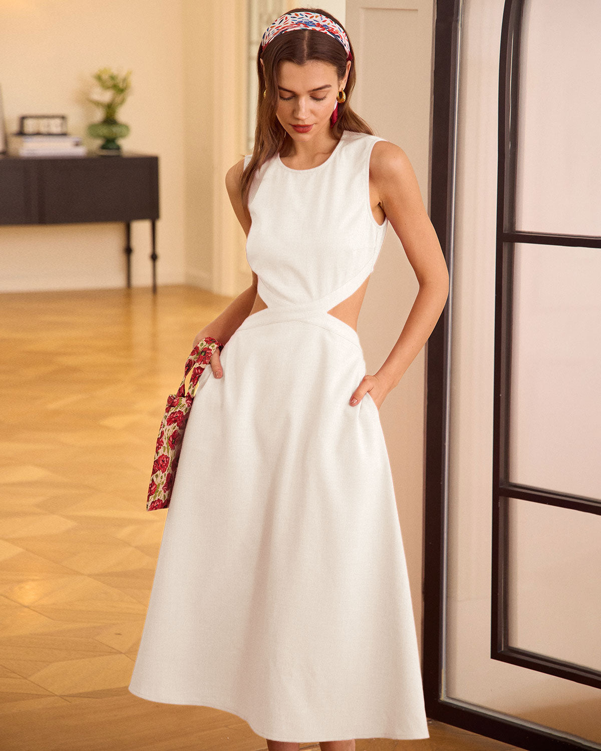 White Cutout Sleeveless Midi Dress - Threadford