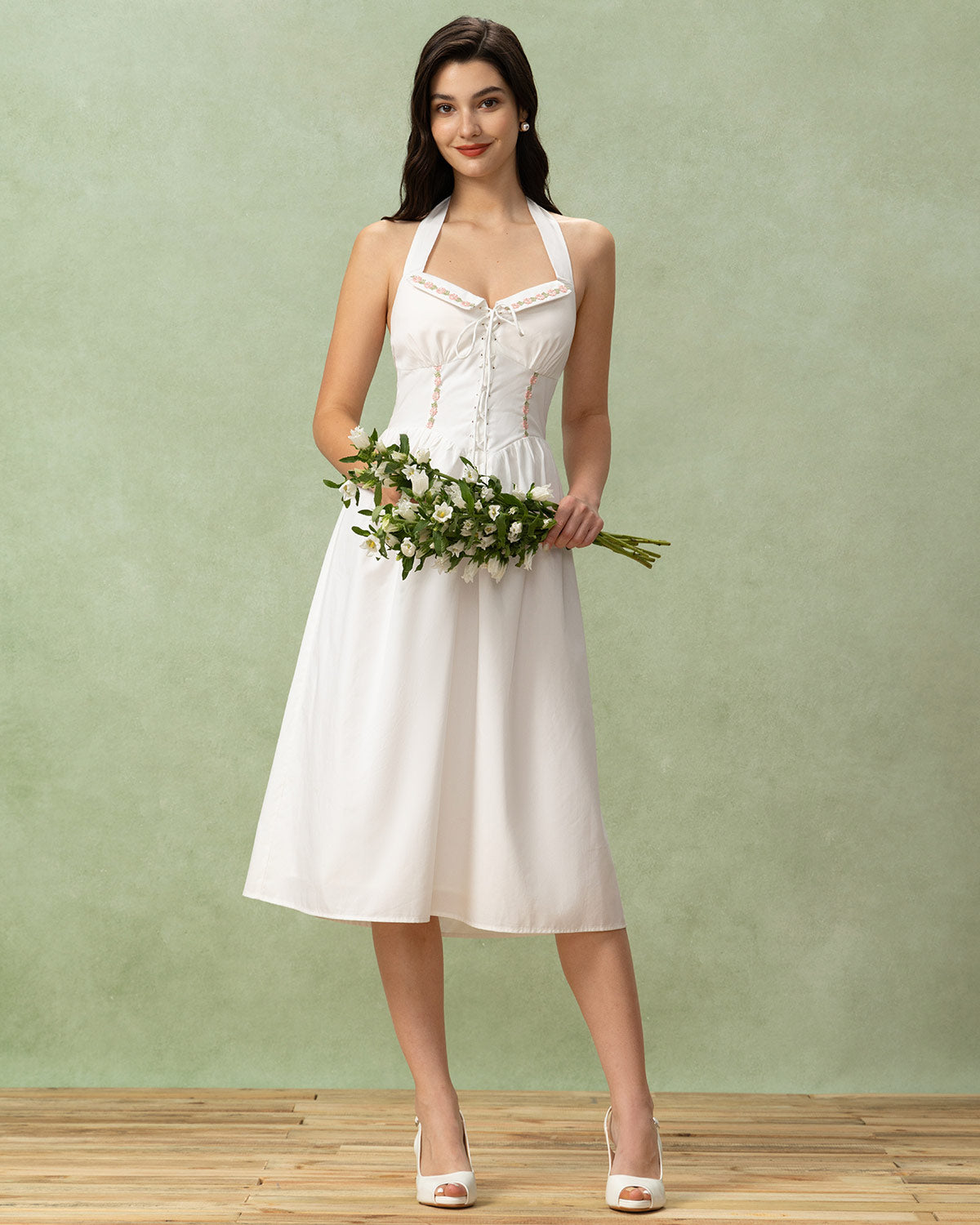 White Embroidery A-Line Halter Midi Dress - Threadford