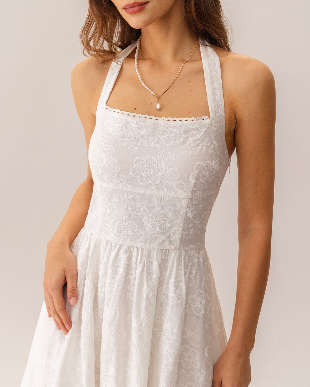 White Embroidery Halter Midi Dress - Threadford