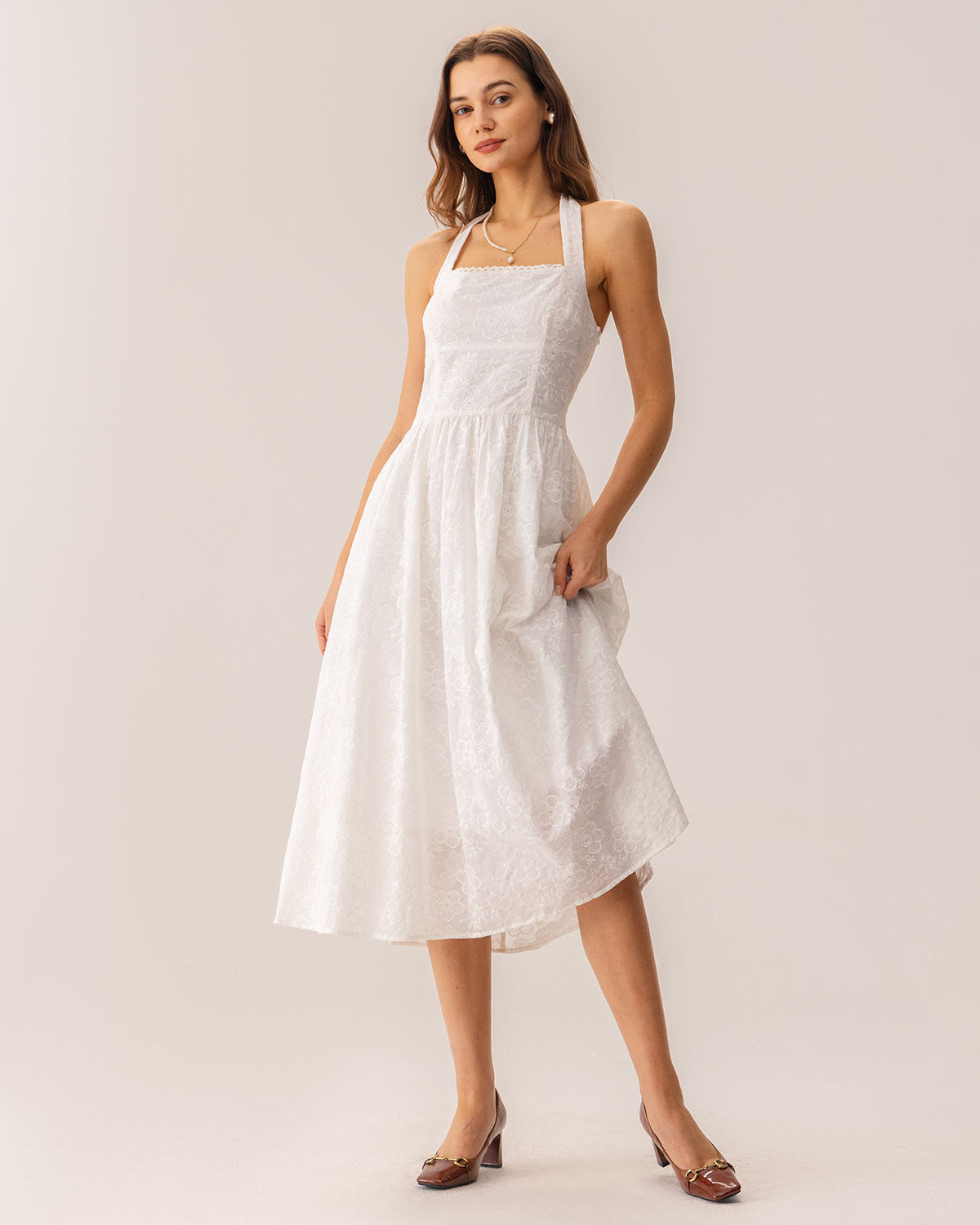 White Embroidery Halter Midi Dress - Threadford