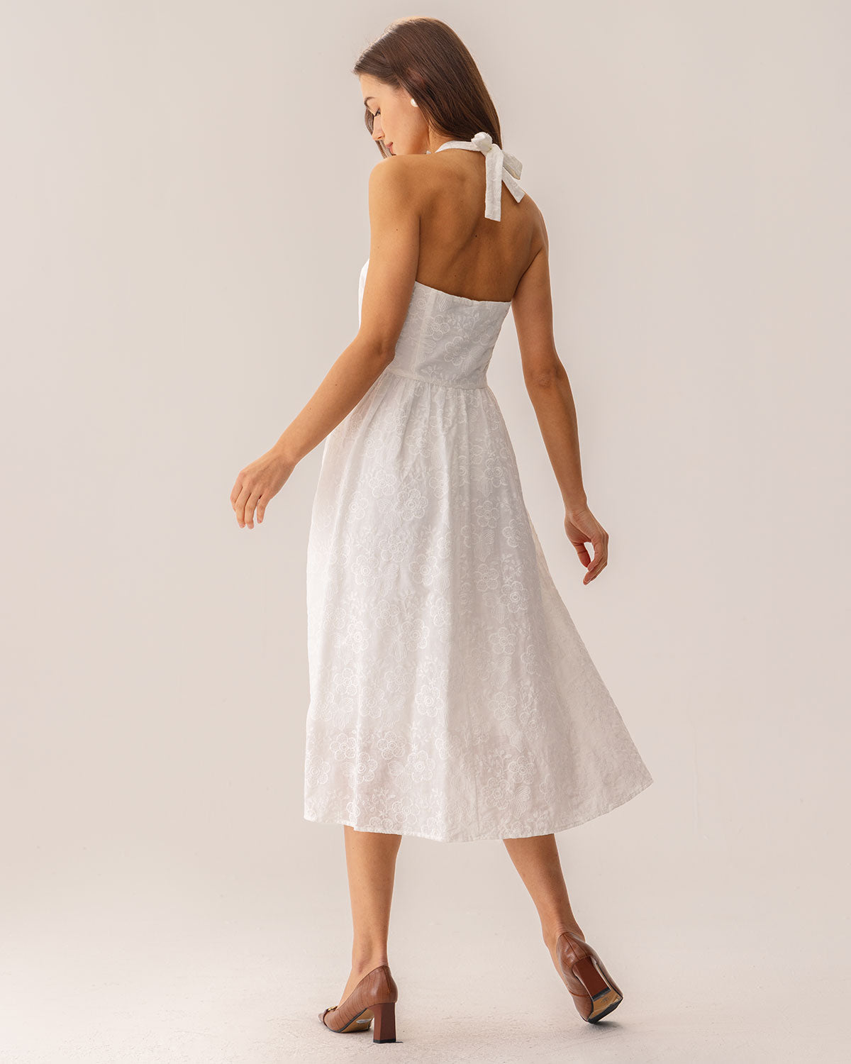 White Embroidery Halter Midi Dress - Threadford