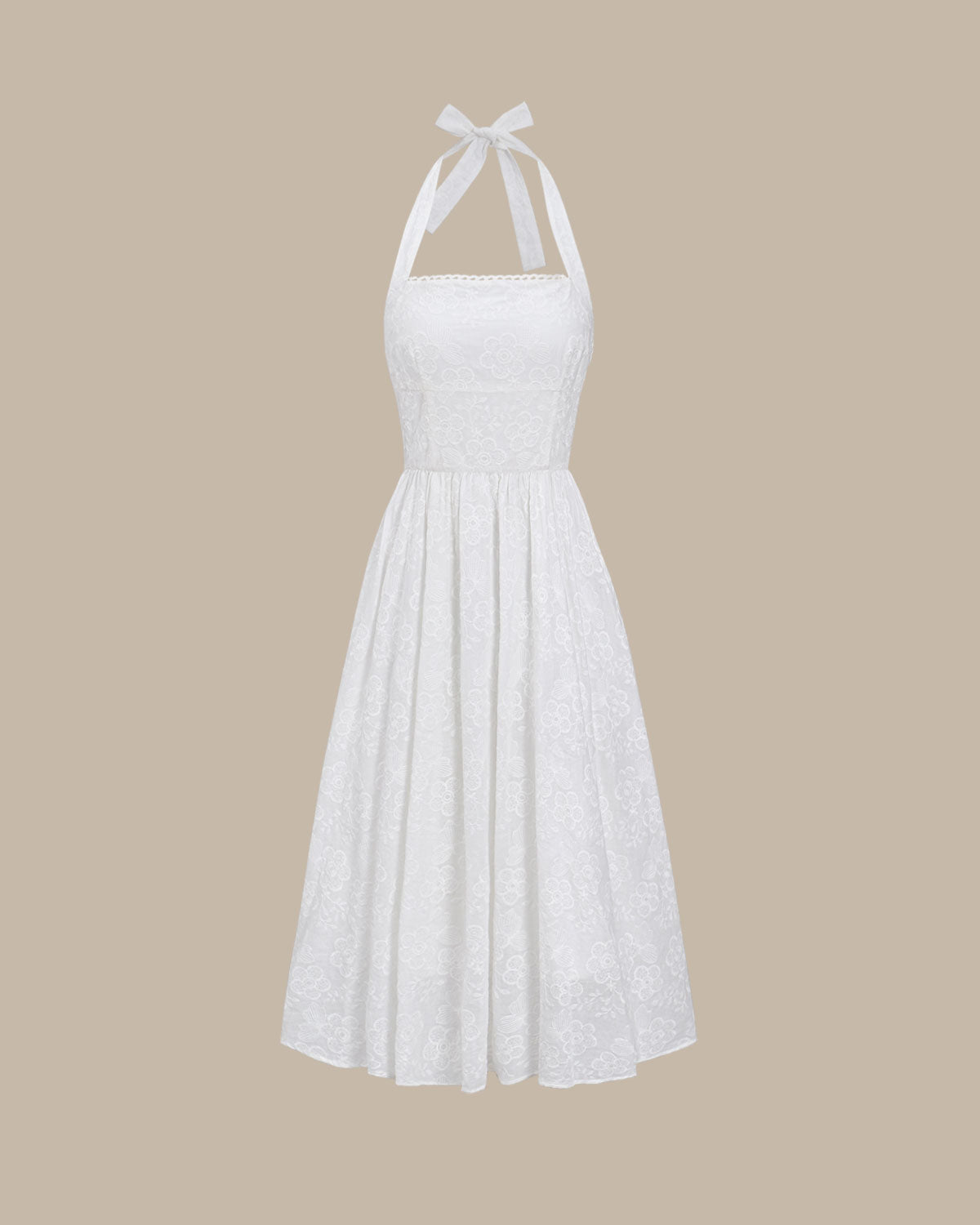 White Embroidery Halter Midi Dress - Threadford