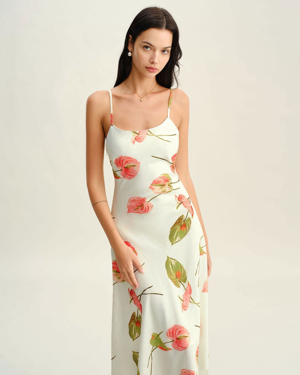 White Floral Slip Midi Dress - Threadford
