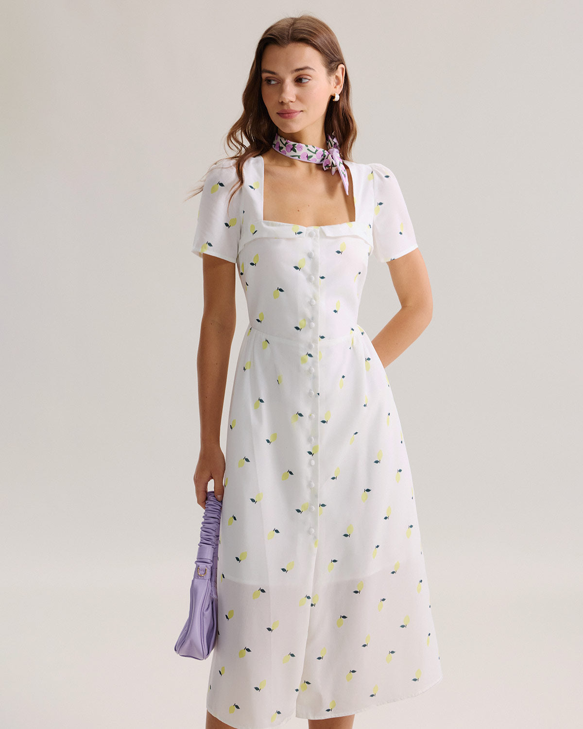 White Fruit Square Neck Midi Dress - Threadford