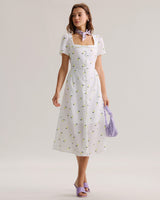 White Fruit Square Neck Midi Dress - Threadford