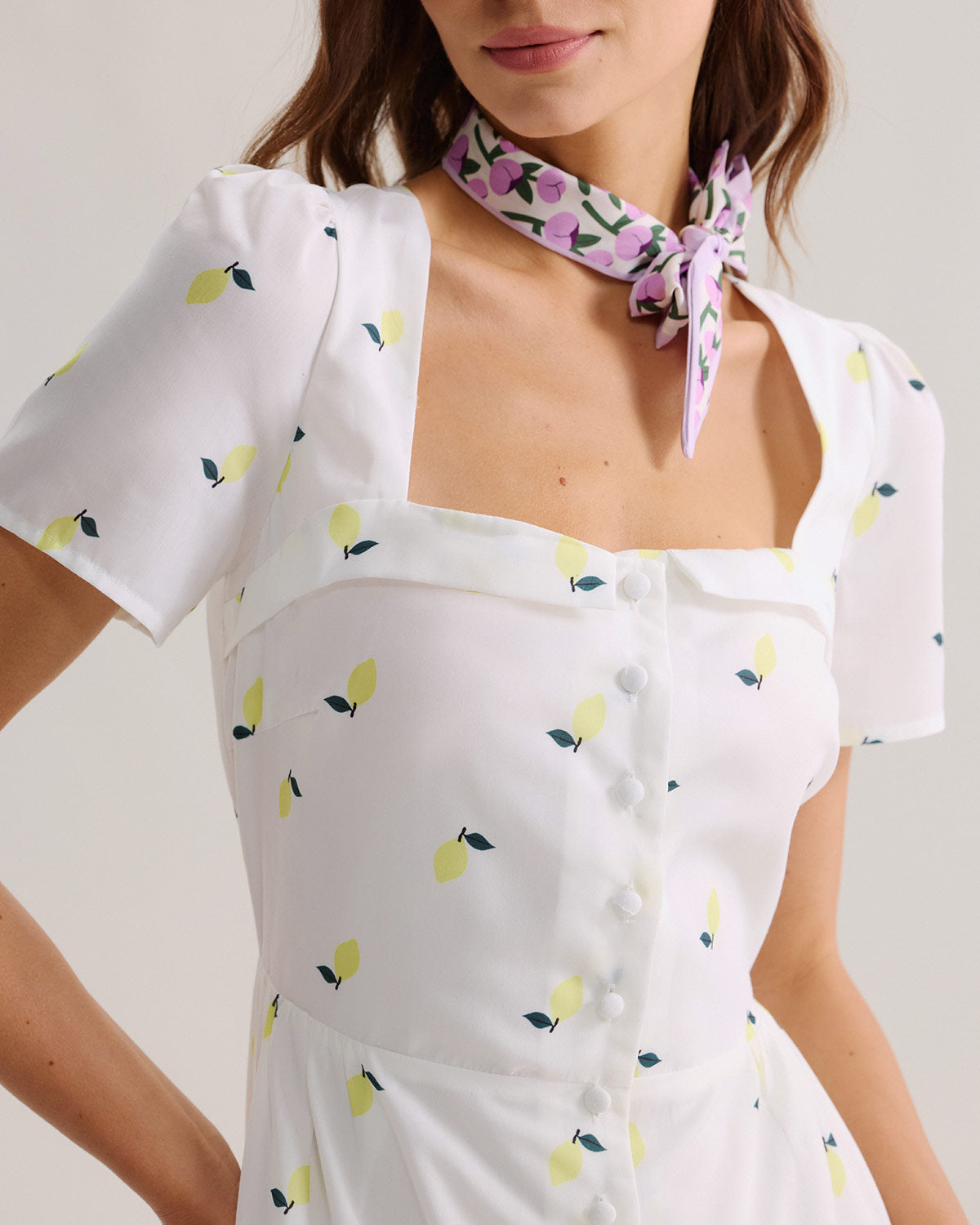 White Fruit Square Neck Midi Dress - Threadford