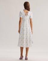 White Fruit Square Neck Midi Dress - Threadford