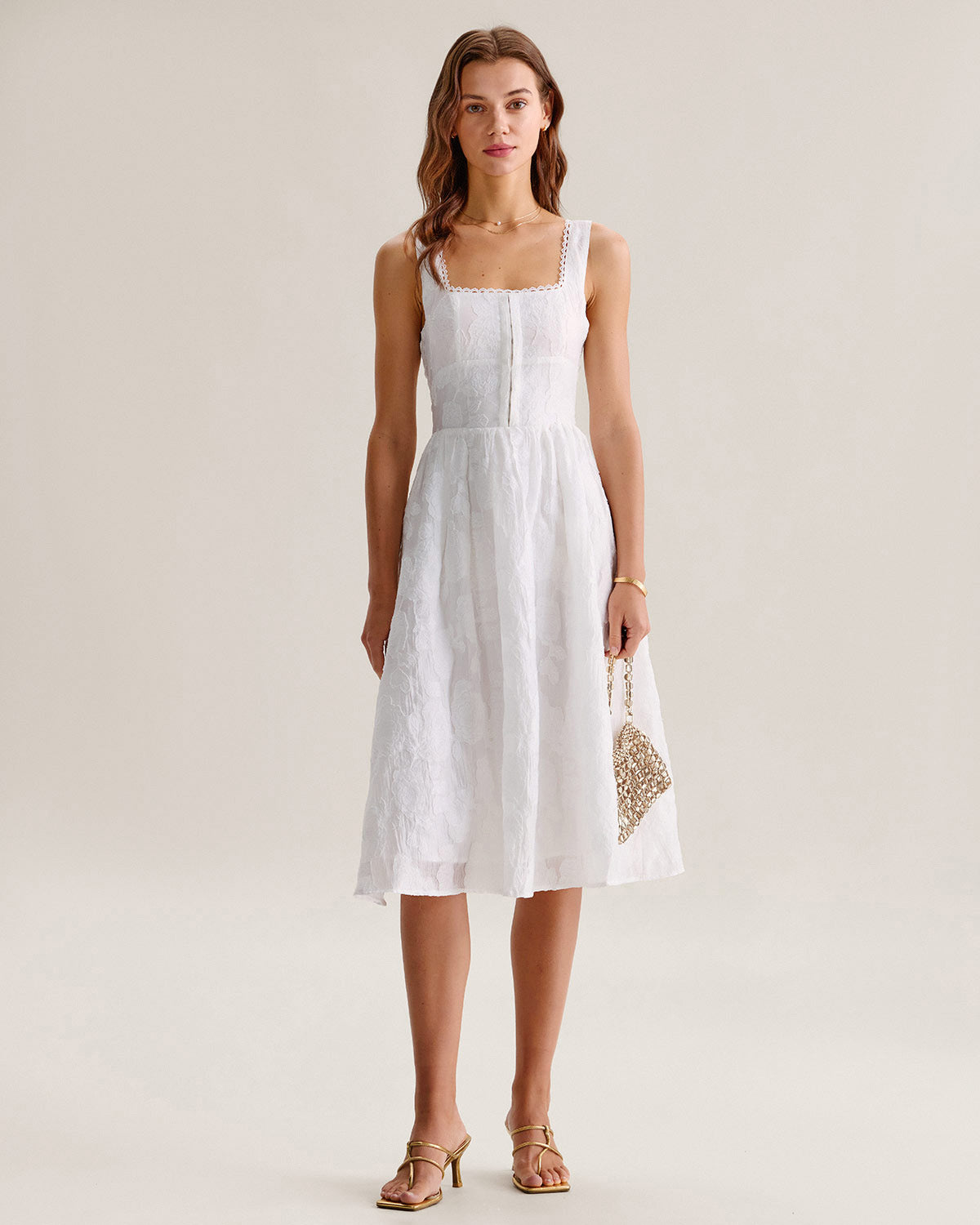 White Jacquard Shirred Slip Midi Dress - Threadford