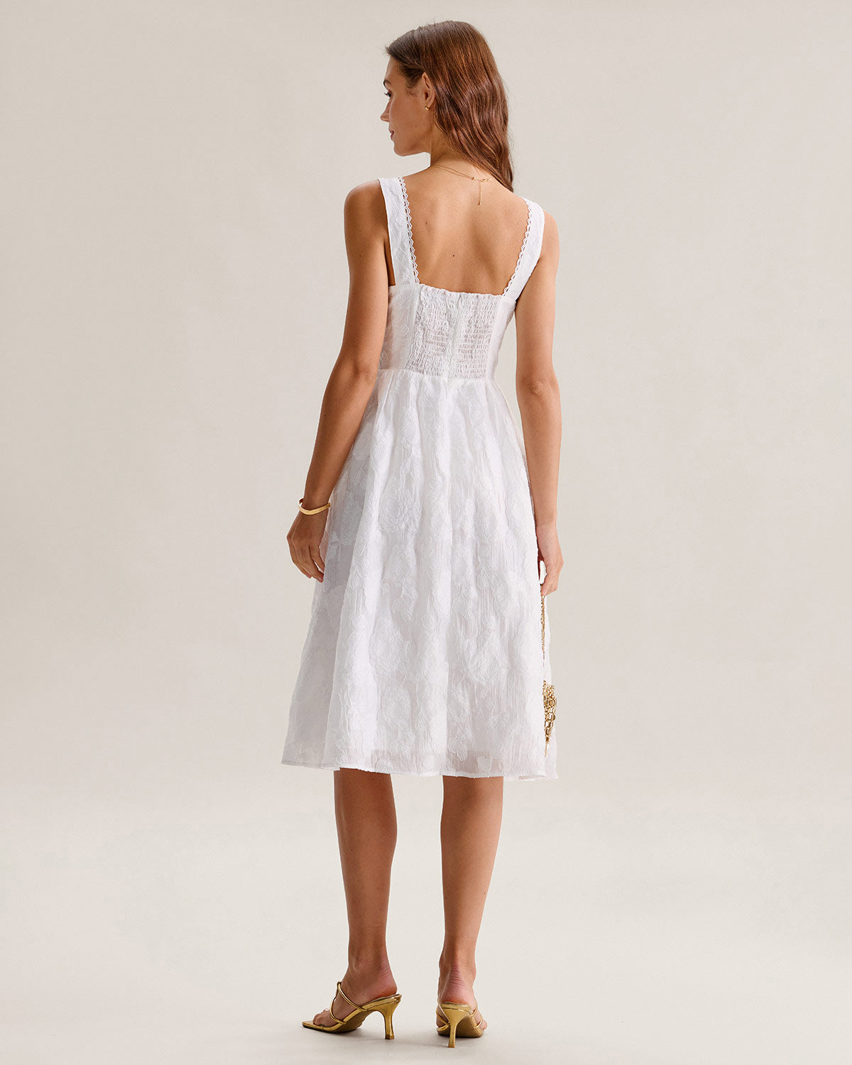 White Jacquard Shirred Slip Midi Dress - Threadford