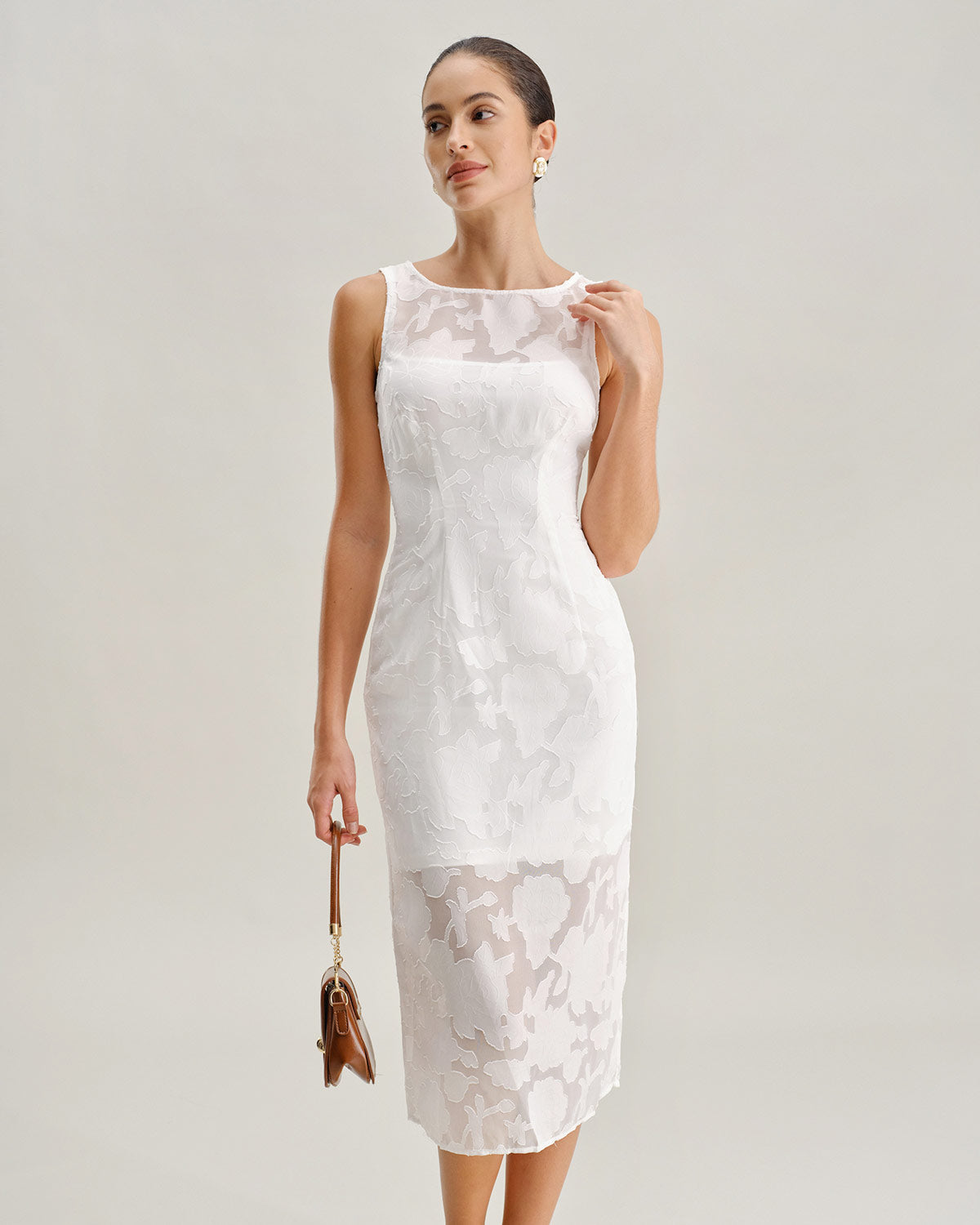 White Lace Boat Neck Midi Dress - Threadford