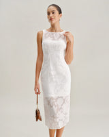 White Lace Boat Neck Midi Dress - Threadford