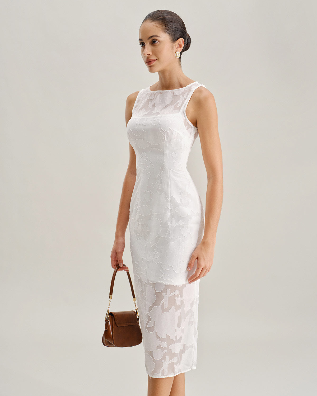 White Lace Boat Neck Midi Dress - Threadford