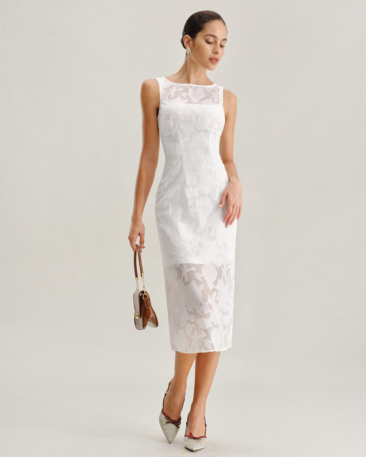 White Lace Boat Neck Midi Dress - Threadford