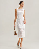 White Lace Boat Neck Midi Dress - Threadford