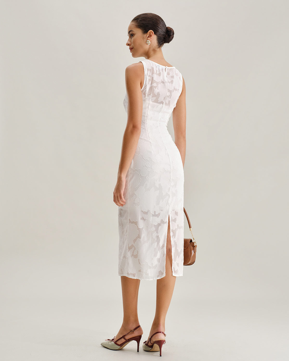 White Lace Boat Neck Midi Dress - Threadford
