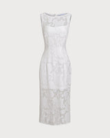 White Lace Boat Neck Midi Dress - Threadford