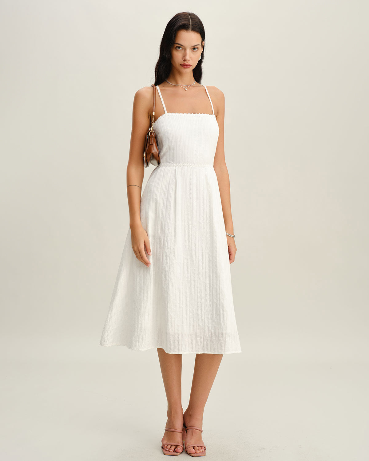 White Pocket A-Line Slip Midi Dress - Threadford