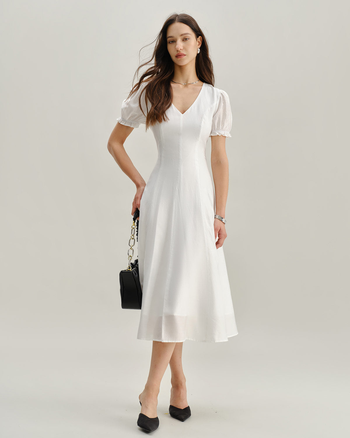 White Puffed Sleeve V Neck Midi Dress - Threadford