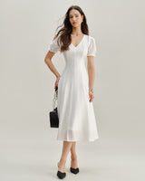 White Puffed Sleeve V Neck Midi Dress - Threadford