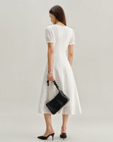 White Puffed Sleeve V Neck Midi Dress - Threadford