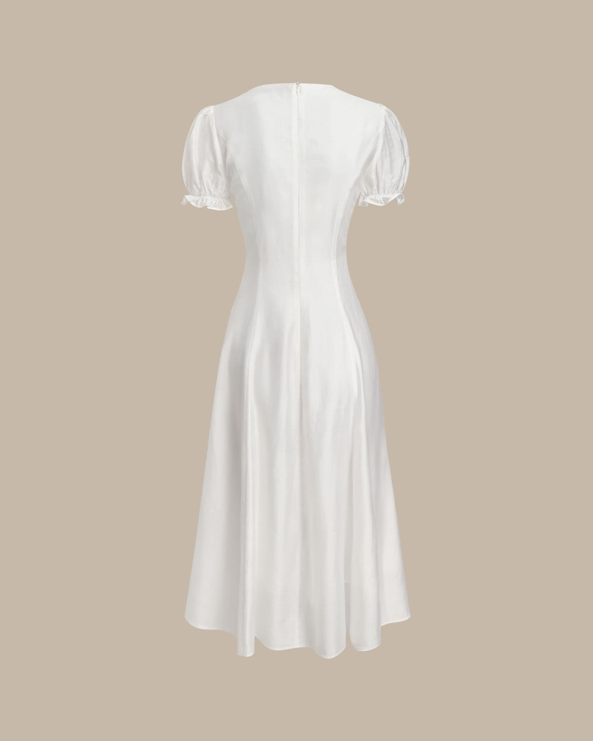 White Puffed Sleeve V Neck Midi Dress - Threadford