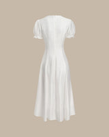 White Puffed Sleeve V Neck Midi Dress - Threadford