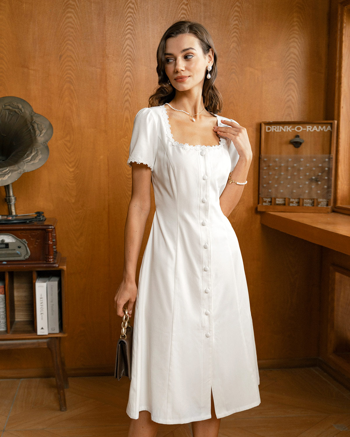 White Square Neck Button Midi Dress - Threadford