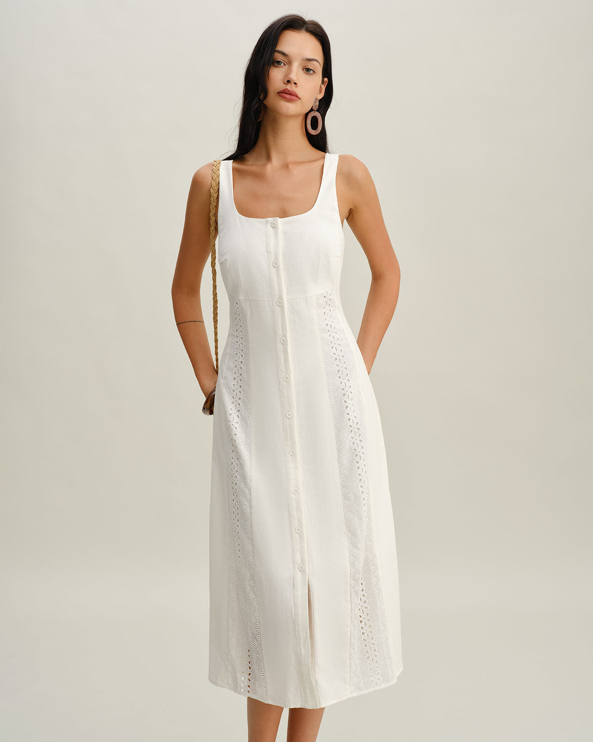 White Square Neck Button Slip Midi Dress - Threadford