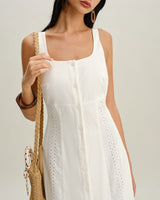 White Square Neck Button Slip Midi Dress - Threadford