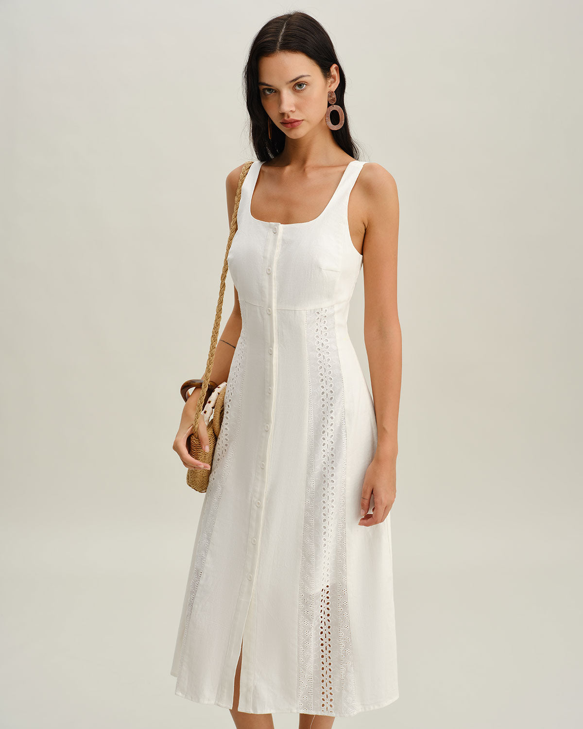 White Square Neck Button Slip Midi Dress - Threadford