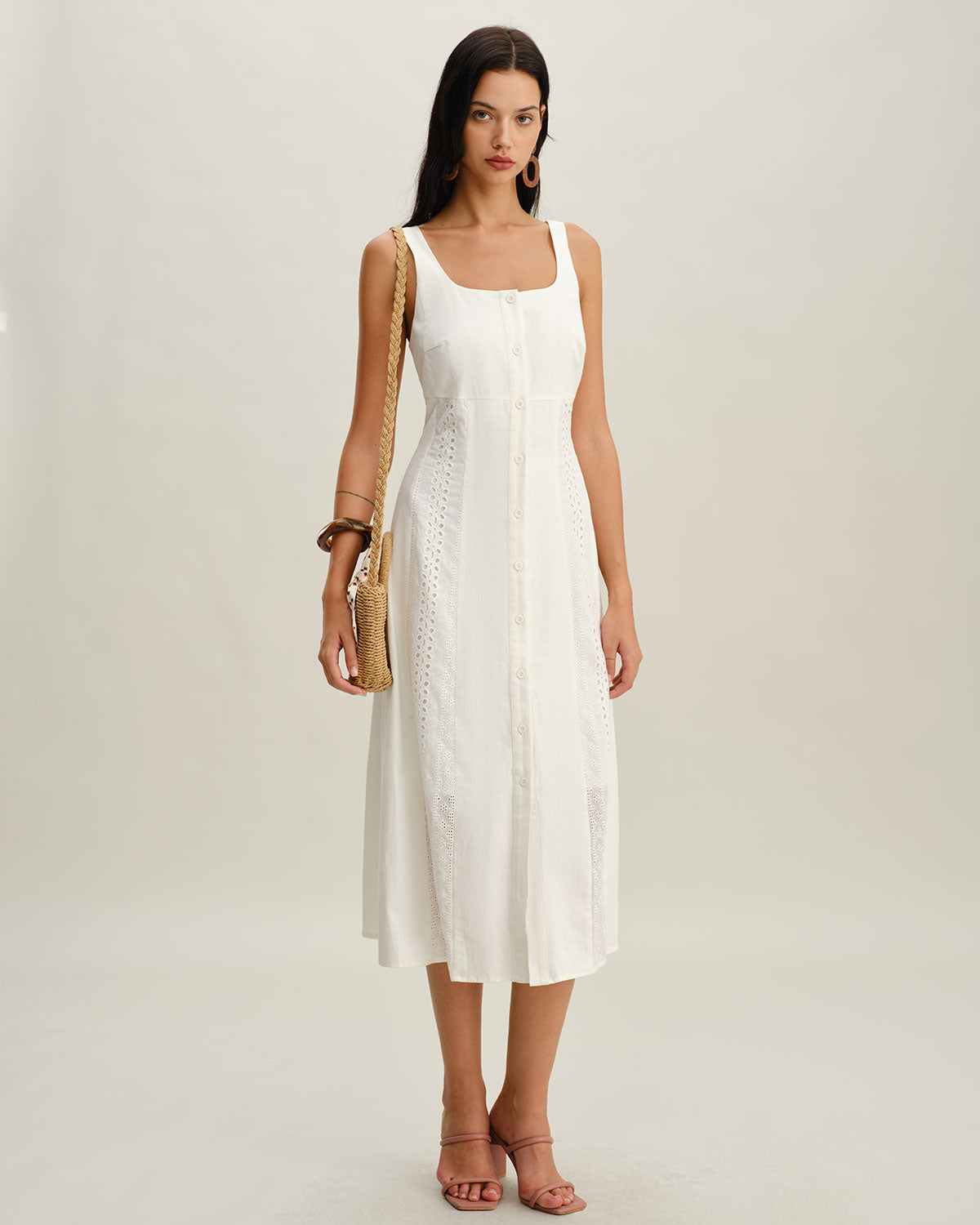White Square Neck Button Slip Midi Dress - Threadford