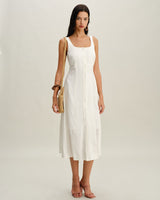 White Square Neck Button Slip Midi Dress - Threadford