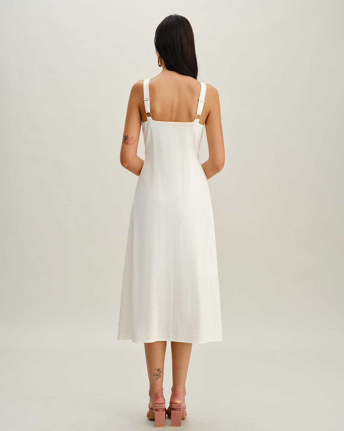 White Square Neck Button Slip Midi Dress - Threadford