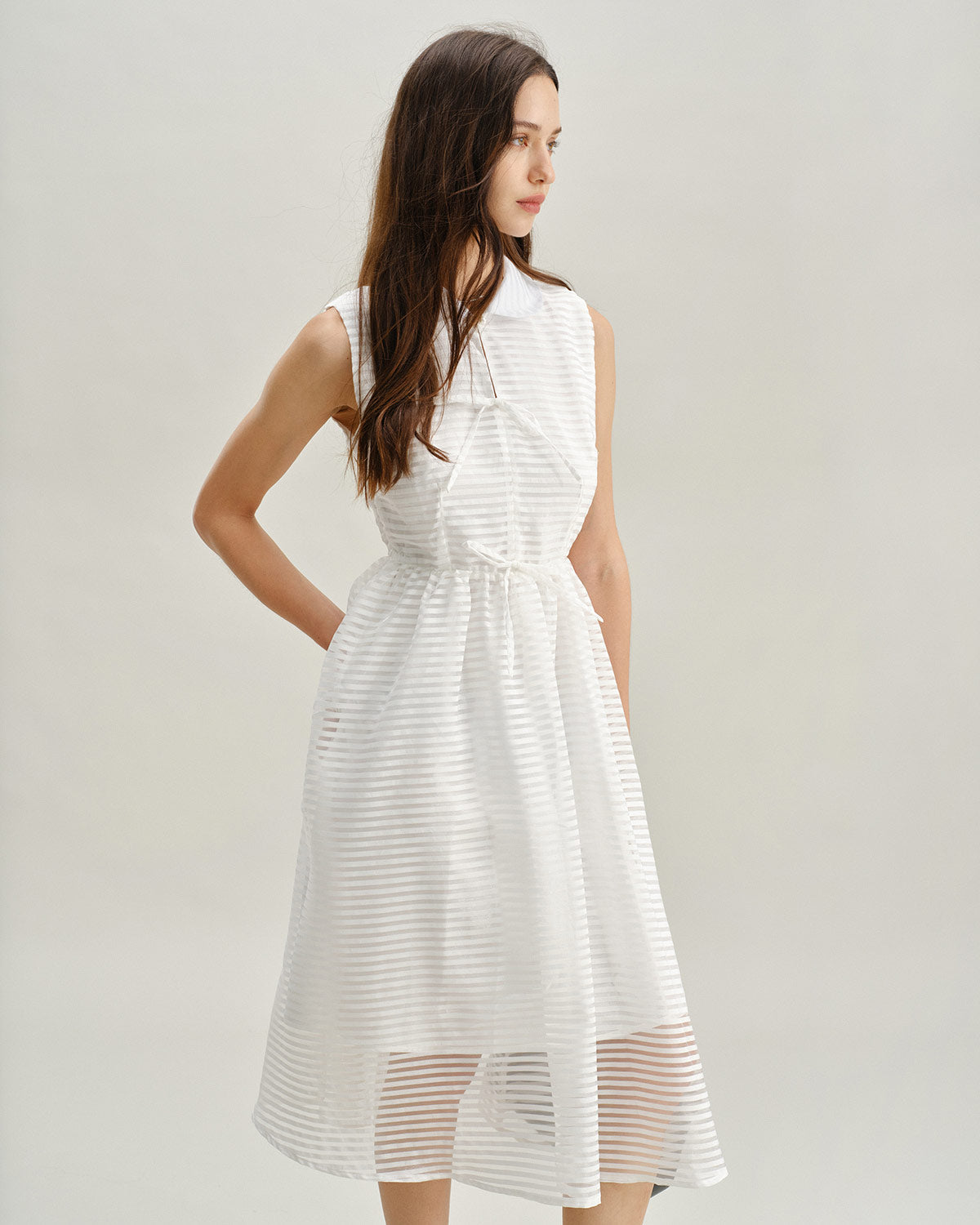 White Striped Sleeveless Midi Dress - Threadford
