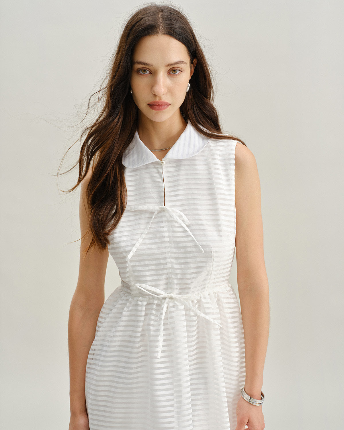 White Striped Sleeveless Midi Dress - Threadford