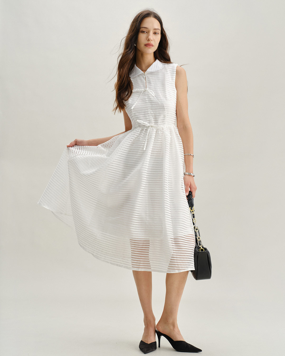 White Striped Sleeveless Midi Dress - Threadford