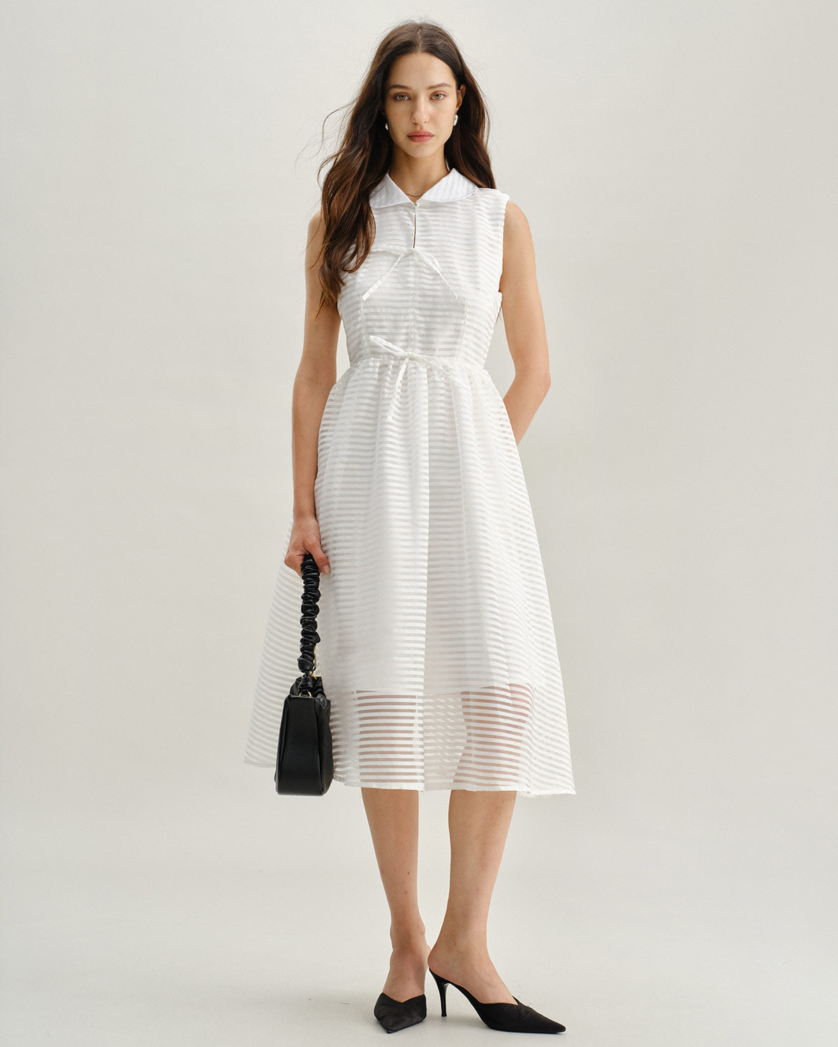White Striped Sleeveless Midi Dress - Threadford